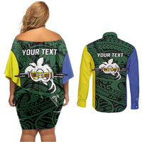 Personalised PNG Morobe Province Couples Matching Off Shoulder Short Dress and Long Sleeve Button Shirt Bird of Paradise Tattoo Flag Motif LT9 - Polynesian Pride