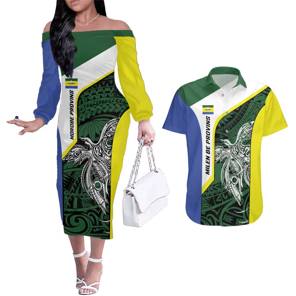 Personalised PNG Morobe Province Couples Matching Off The Shoulder Long Sleeve Dress and Hawaiian Shirt Bird of Paradise Tattoo Flag Motif - Polynesian Pride