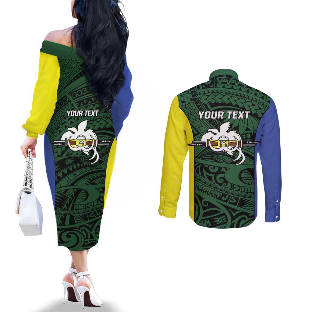 Personalised PNG Morobe Province Couples Matching Off The Shoulder Long Sleeve Dress and Long Sleeve Button Shirt Bird of Paradise Tattoo Flag Motif LT9 - Polynesian Pride