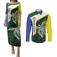 Personalised PNG Morobe Province Couples Matching Puletasi and Long Sleeve Button Shirt Bird of Paradise Tattoo Flag Motif LT9 Green - Polynesian Pride