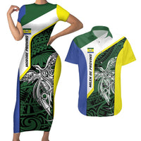 Personalised PNG Morobe Province Couples Matching Short Sleeve Bodycon Dress and Hawaiian Shirt Bird of Paradise Tattoo Flag Motif LT9 Green - Polynesian Pride