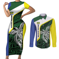 Personalised PNG Morobe Province Couples Matching Short Sleeve Bodycon Dress and Long Sleeve Button Shirt Bird of Paradise Tattoo Flag Motif LT9 Green - Polynesian Pride