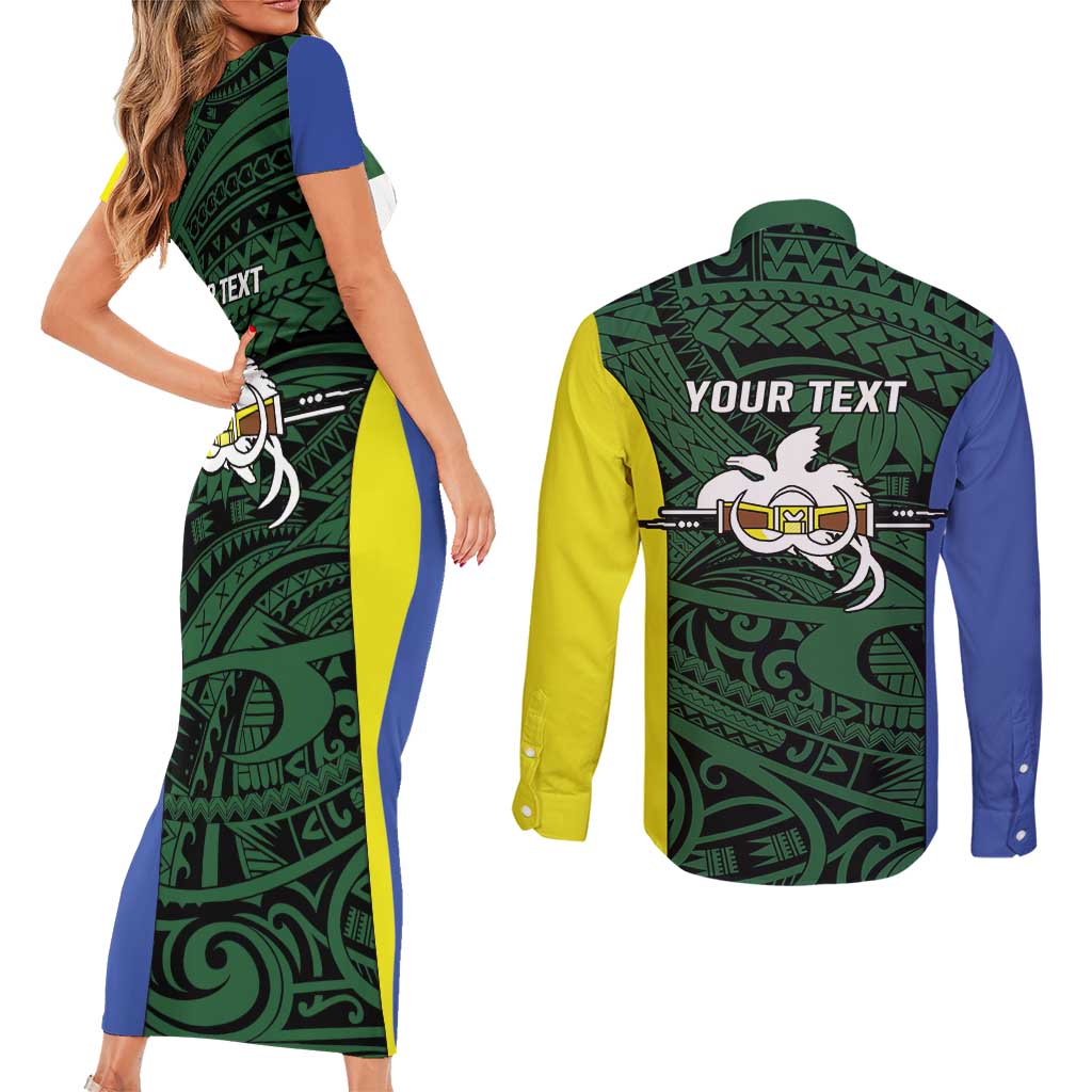 Personalised PNG Morobe Province Couples Matching Short Sleeve Bodycon Dress and Long Sleeve Button Shirt Bird of Paradise Tattoo Flag Motif LT9 - Polynesian Pride