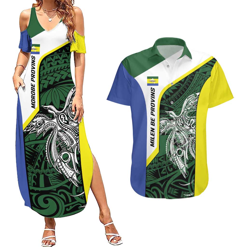 Personalised PNG Morobe Province Couples Matching Summer Maxi Dress and Hawaiian Shirt Bird of Paradise Tattoo Flag Motif LT9 Green - Polynesian Pride