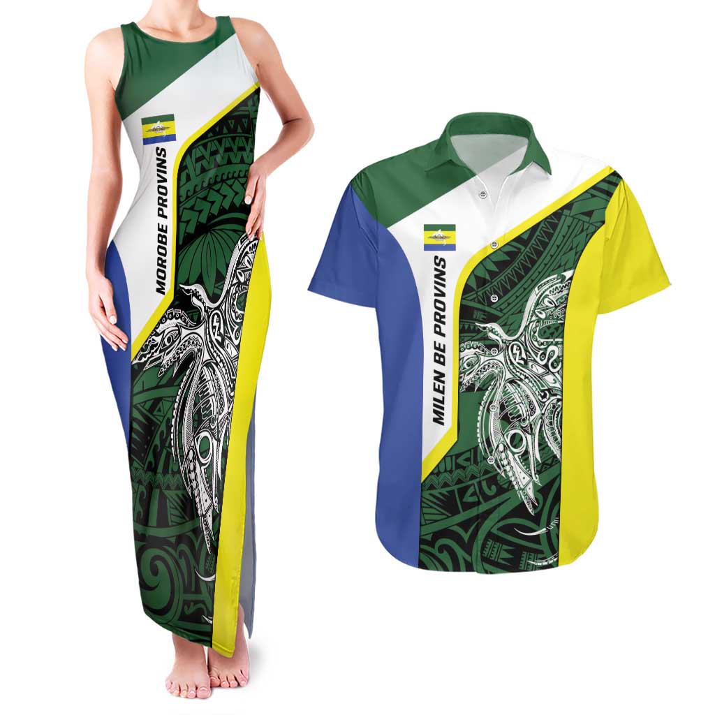 Personalised PNG Morobe Province Couples Matching Tank Maxi Dress and Hawaiian Shirt Bird of Paradise Tattoo Flag Motif LT9 Green - Polynesian Pride