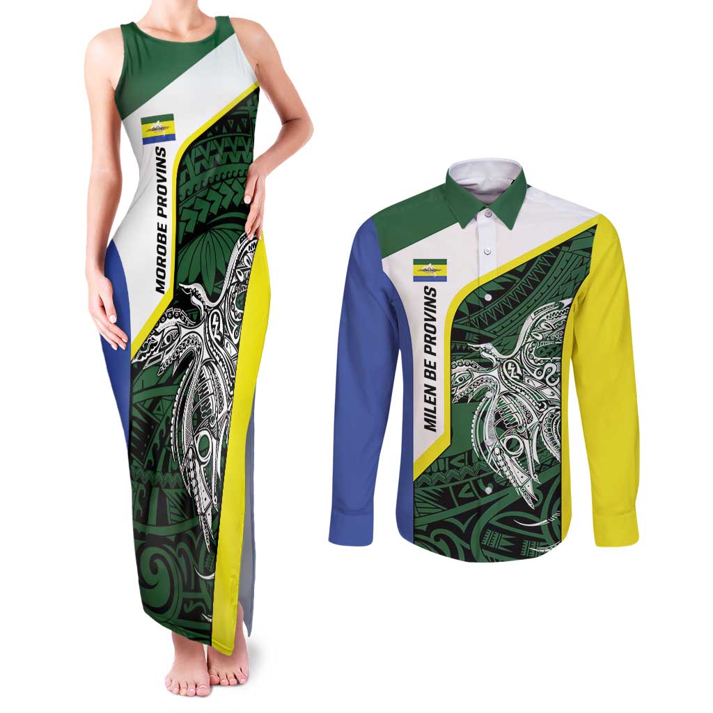 Personalised PNG Morobe Province Couples Matching Tank Maxi Dress and Long Sleeve Button Shirt Bird of Paradise Tattoo Flag Motif LT9 Green - Polynesian Pride