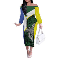 Personalised PNG Morobe Province Family Matching Off The Shoulder Long Sleeve Dress and Hawaiian Shirt Bird of Paradise Tattoo Flag Motif LT9 Mom's Dress Green - Polynesian Pride