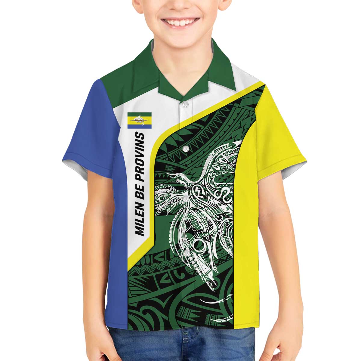 Personalised PNG Morobe Province Family Matching Off The Shoulder Long Sleeve Dress and Hawaiian Shirt Bird of Paradise Tattoo Flag Motif LT9 Son's Shirt Green - Polynesian Pride