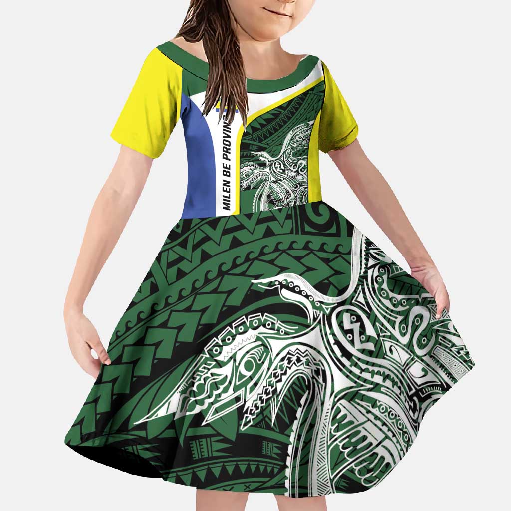 Personalised PNG Morobe Province Family Matching Off Shoulder Maxi Dress and Hawaiian Shirt Bird of Paradise Tattoo Flag Motif LT9 Daughter's Dress Green - Polynesian Pride