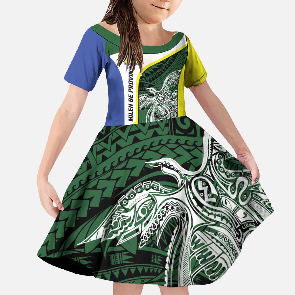 Personalised PNG Morobe Province Family Matching Short Sleeve Bodycon Dress and Hawaiian Shirt Bird of Paradise Tattoo Flag Motif LT9 Daughter's Dress Green - Polynesian Pride