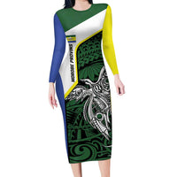 Personalised PNG Morobe Province Long Sleeve Bodycon Dress Bird of Paradise Tattoo Flag Motif LT9 Long Dress Green - Polynesian Pride