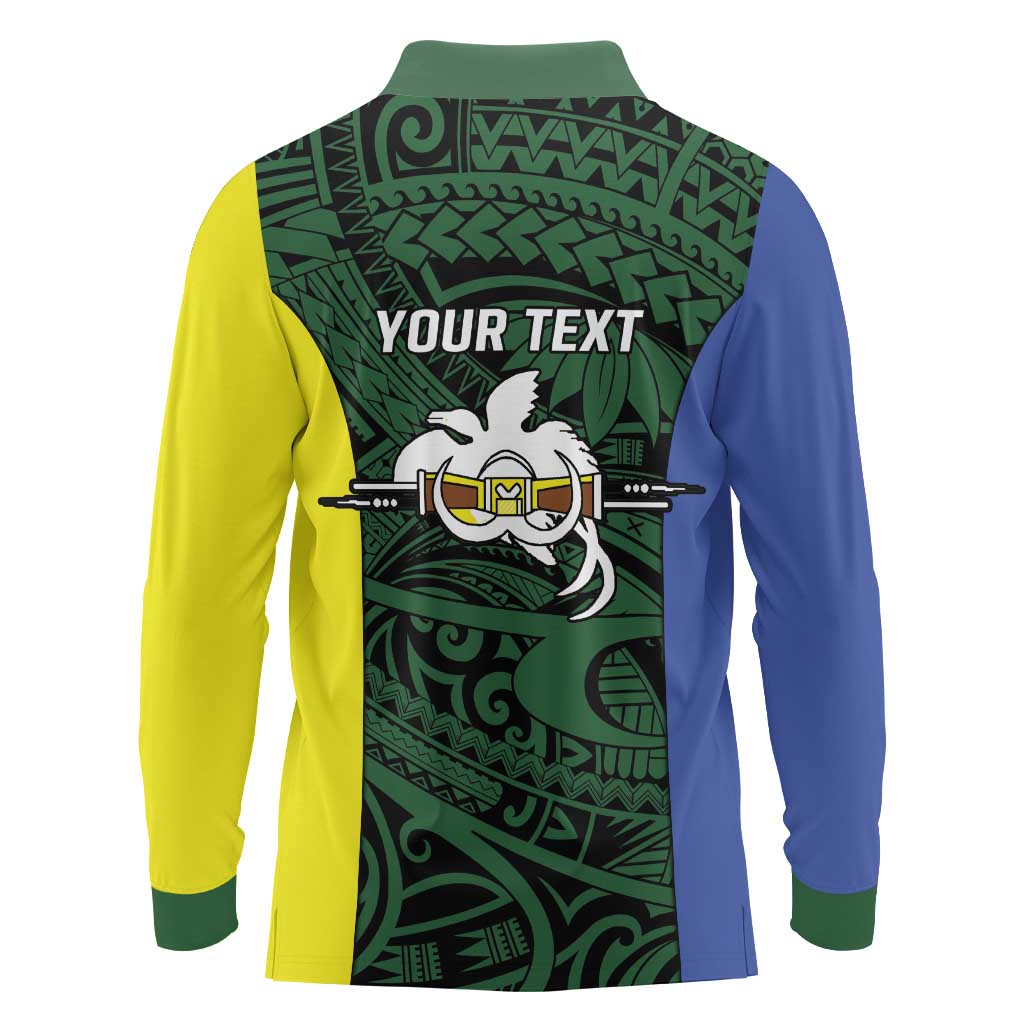 Personalised PNG Morobe Province Long Sleeve Polo Shirt Bird of Paradise Tattoo Flag Motif LT9 - Polynesian Pride