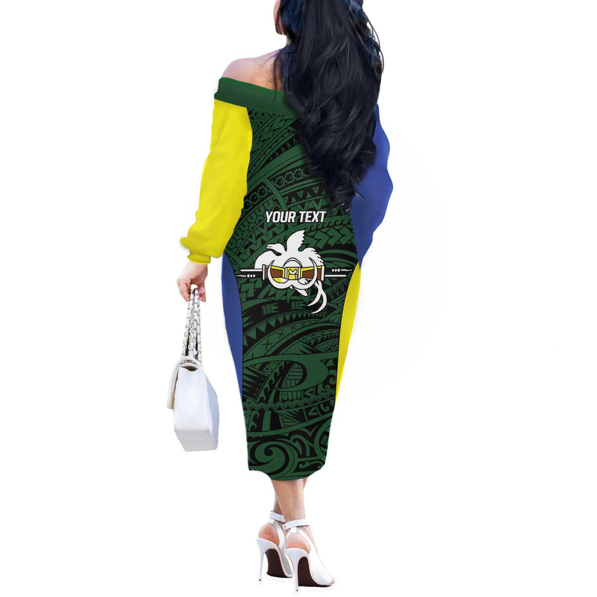 Personalised PNG Morobe Province Off The Shoulder Long Sleeve Dress Bird of Paradise Tattoo Flag Motif LT9 - Polynesian Pride