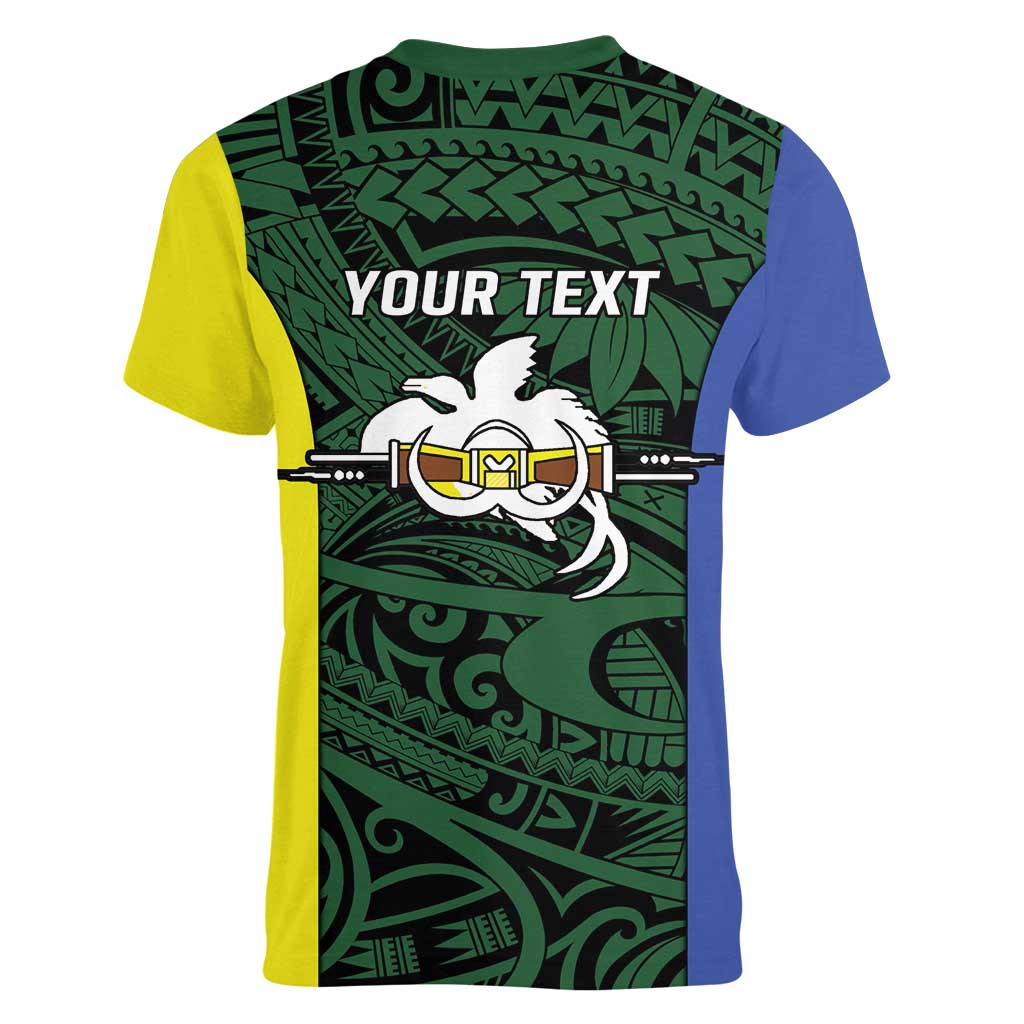 Personalised PNG Morobe Province Women V-Neck T-Shirt Bird of Paradise Tattoo Flag Motif - Polynesian Pride