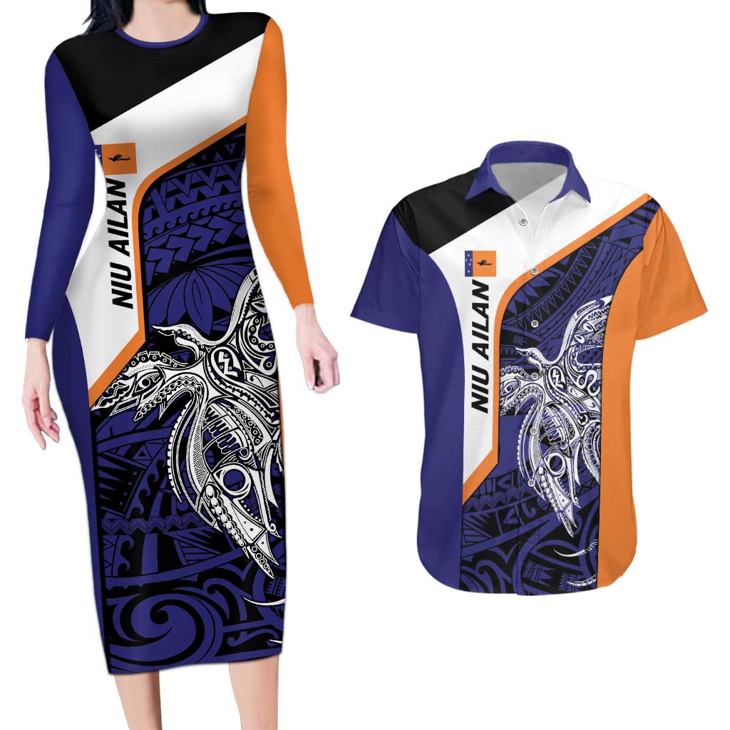 Personalised PNG New Ireland Couples Matching Long Sleeve Bodycon Dress and Hawaiian Shirt Bird of Paradise Tattoo Flag Motif LT9 Orange - Polynesian Pride