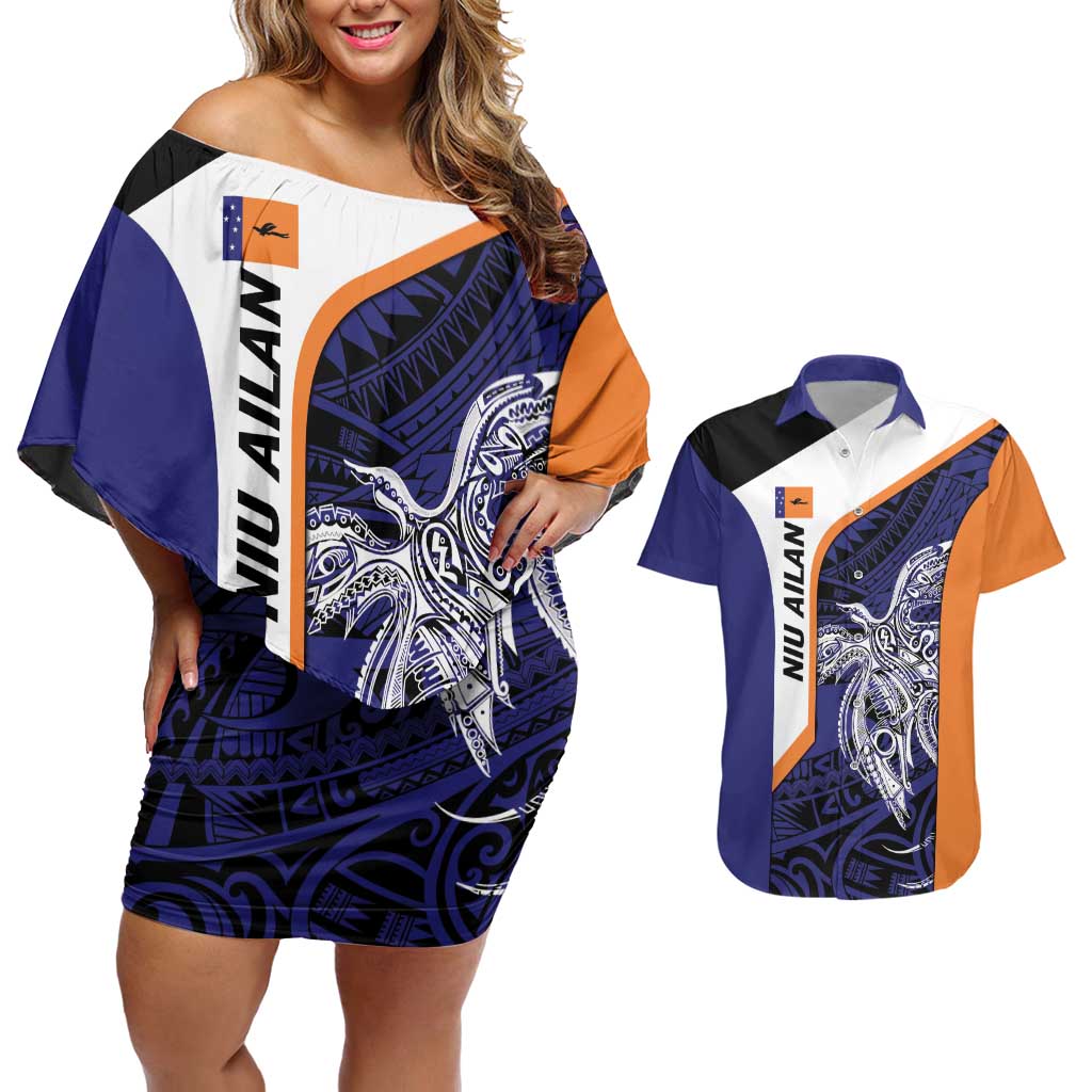 Personalised PNG New Ireland Couples Matching Off Shoulder Short Dress and Hawaiian Shirt Bird of Paradise Tattoo Flag Motif LT9 Orange - Polynesian Pride