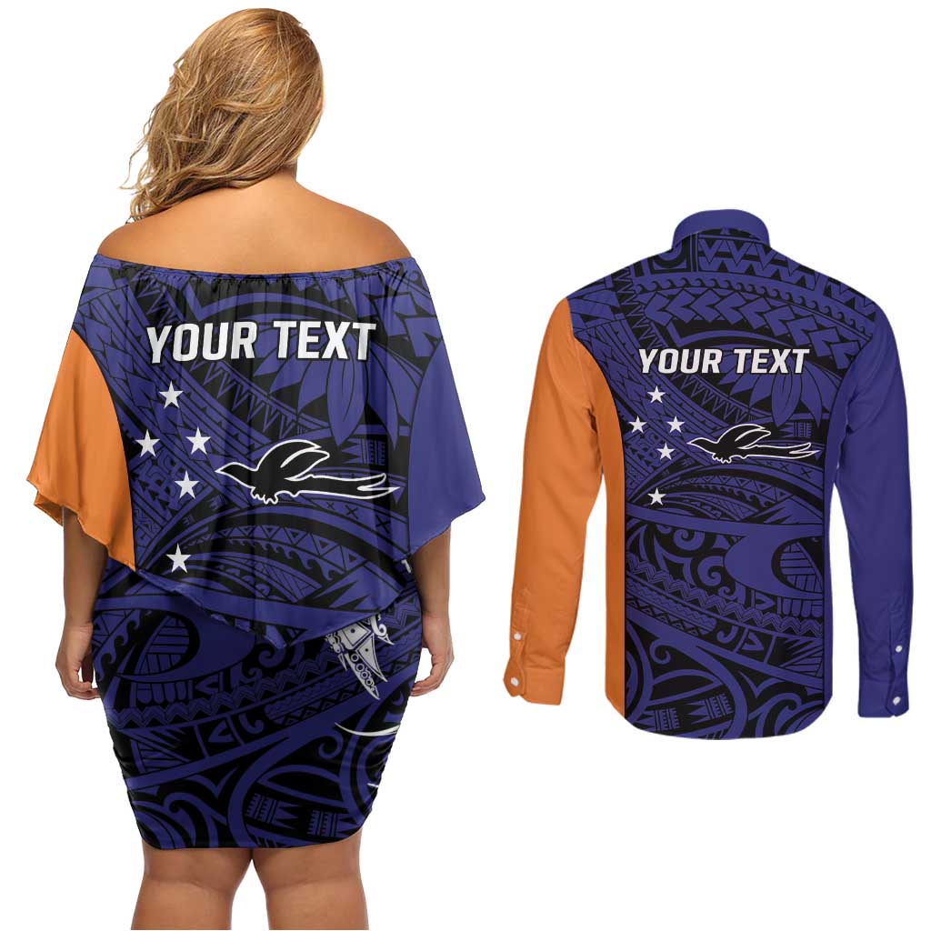 Personalised PNG New Ireland Couples Matching Off Shoulder Short Dress and Long Sleeve Button Shirt Bird of Paradise Tattoo Flag Motif LT9 - Polynesian Pride