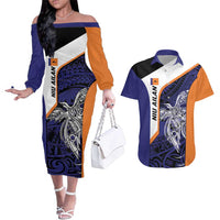 Personalised PNG New Ireland Couples Matching Off The Shoulder Long Sleeve Dress and Hawaiian Shirt Bird of Paradise Tattoo Flag Motif LT9 Orange - Polynesian Pride