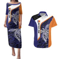 Personalised PNG New Ireland Couples Matching Puletasi and Hawaiian Shirt Bird of Paradise Tattoo Flag Motif LT9 Orange - Polynesian Pride