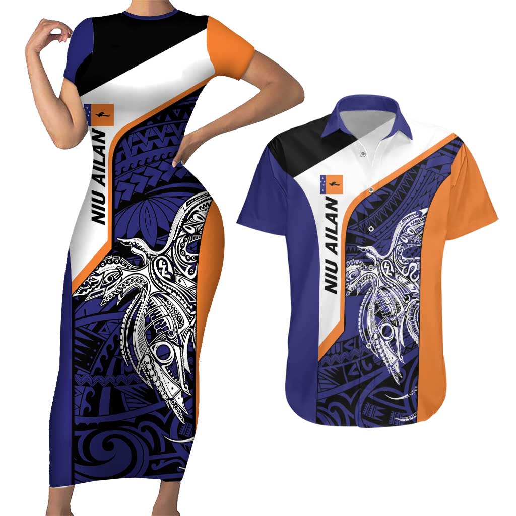 Personalised PNG New Ireland Couples Matching Short Sleeve Bodycon Dress and Hawaiian Shirt Bird of Paradise Tattoo Flag Motif - Polynesian Pride