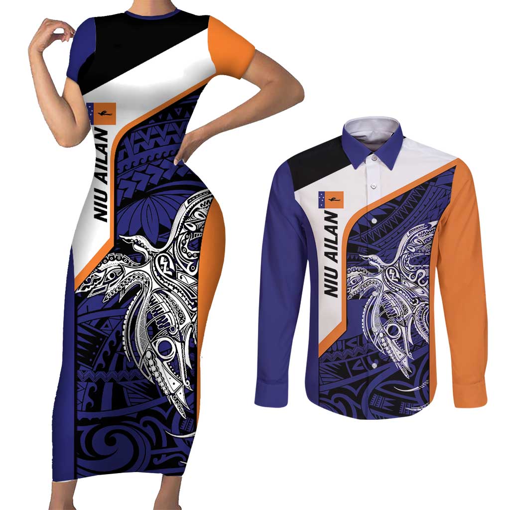 Personalised PNG New Ireland Couples Matching Short Sleeve Bodycon Dress and Long Sleeve Button Shirt Bird of Paradise Tattoo Flag Motif - Polynesian Pride