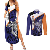 Personalised PNG New Ireland Couples Matching Summer Maxi Dress and Long Sleeve Button Shirt Bird of Paradise Tattoo Flag Motif LT9 Orange - Polynesian Pride