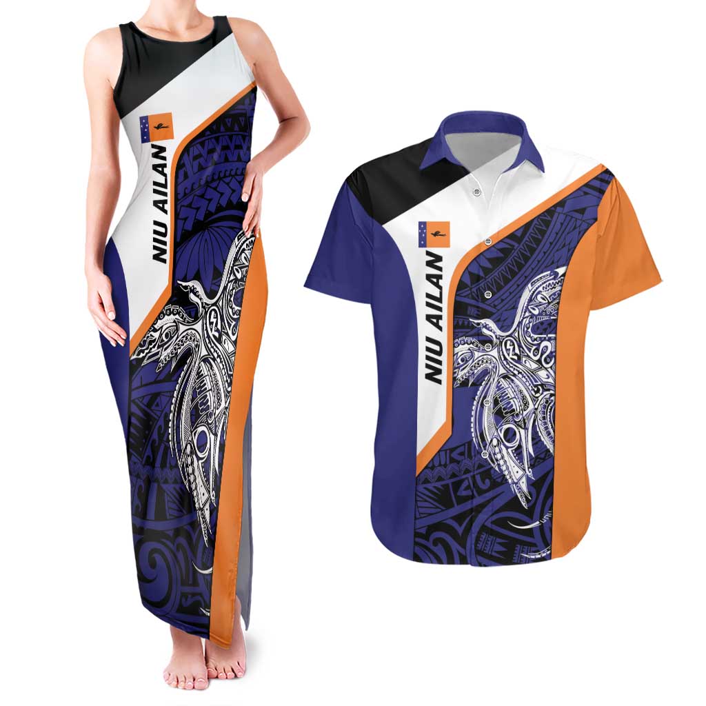 Personalised PNG New Ireland Couples Matching Tank Maxi Dress and Hawaiian Shirt Bird of Paradise Tattoo Flag Motif LT9 Orange - Polynesian Pride