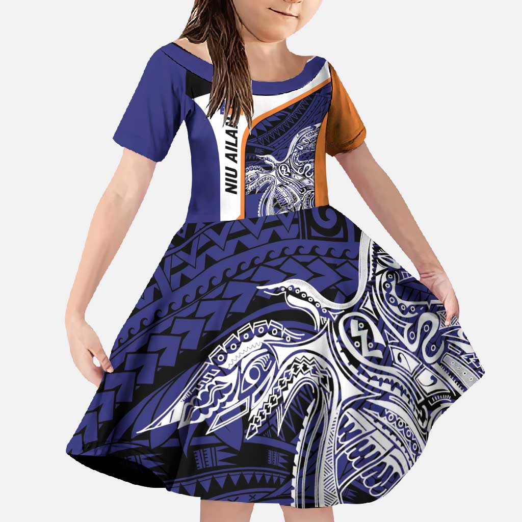 Personalised PNG New Ireland Family Matching Long Sleeve Bodycon Dress and Hawaiian Shirt Bird of Paradise Tattoo Flag Motif LT9 Daughter's Dress Orange - Polynesian Pride