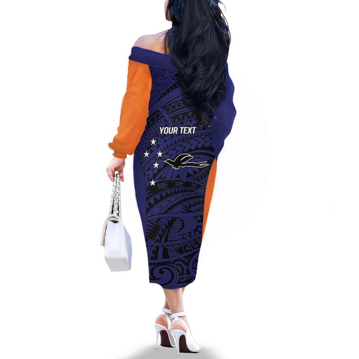 Personalised PNG New Ireland Family Matching Off The Shoulder Long Sleeve Dress and Hawaiian Shirt Bird of Paradise Tattoo Flag Motif LT9 - Polynesian Pride