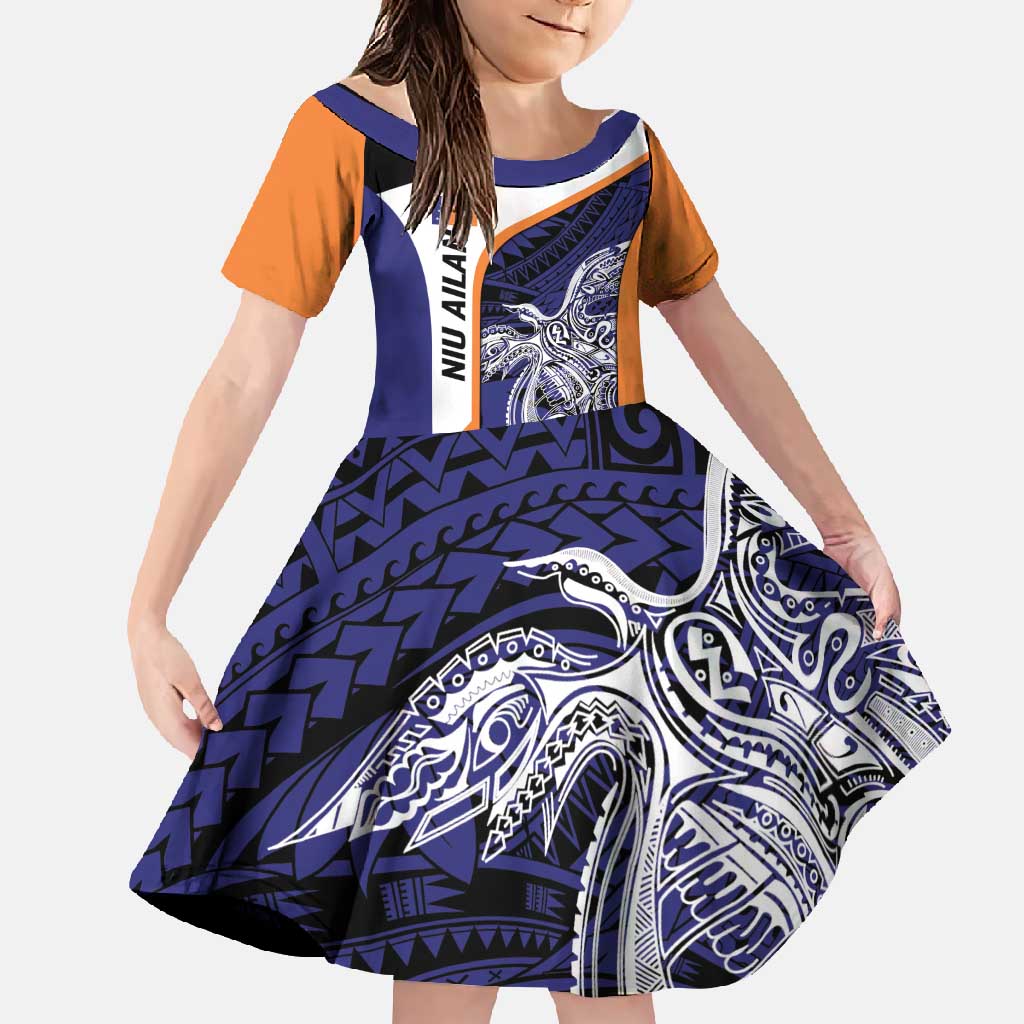 Personalised PNG New Ireland Family Matching Off Shoulder Maxi Dress and Hawaiian Shirt Bird of Paradise Tattoo Flag Motif LT9 Daughter's Dress Orange - Polynesian Pride