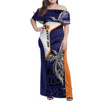 Personalised PNG New Ireland Family Matching Off Shoulder Maxi Dress and Hawaiian Shirt Bird of Paradise Tattoo Flag Motif LT9 Mom's Dress Orange - Polynesian Pride