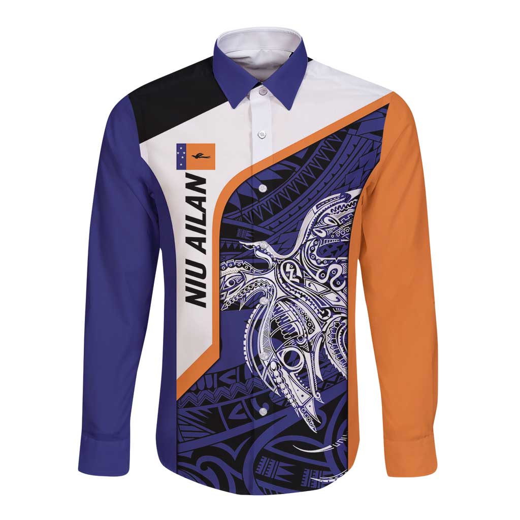 Personalised PNG New Ireland Long Sleeve Button Shirt Bird of Paradise Tattoo Flag Motif LT9 Unisex Orange - Polynesian Pride