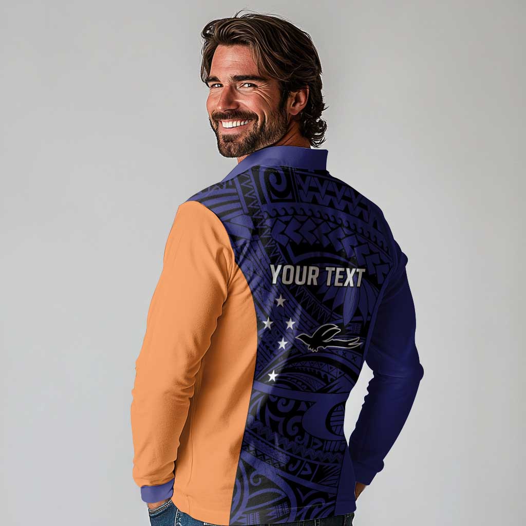 Personalised PNG New Ireland Long Sleeve Polo Shirt Bird of Paradise Tattoo Flag Motif LT9 - Polynesian Pride