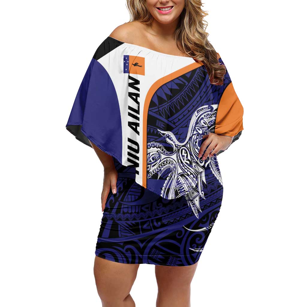 Personalised PNG New Ireland Off Shoulder Short Dress Bird of Paradise Tattoo Flag Motif LT9 Women Orange - Polynesian Pride