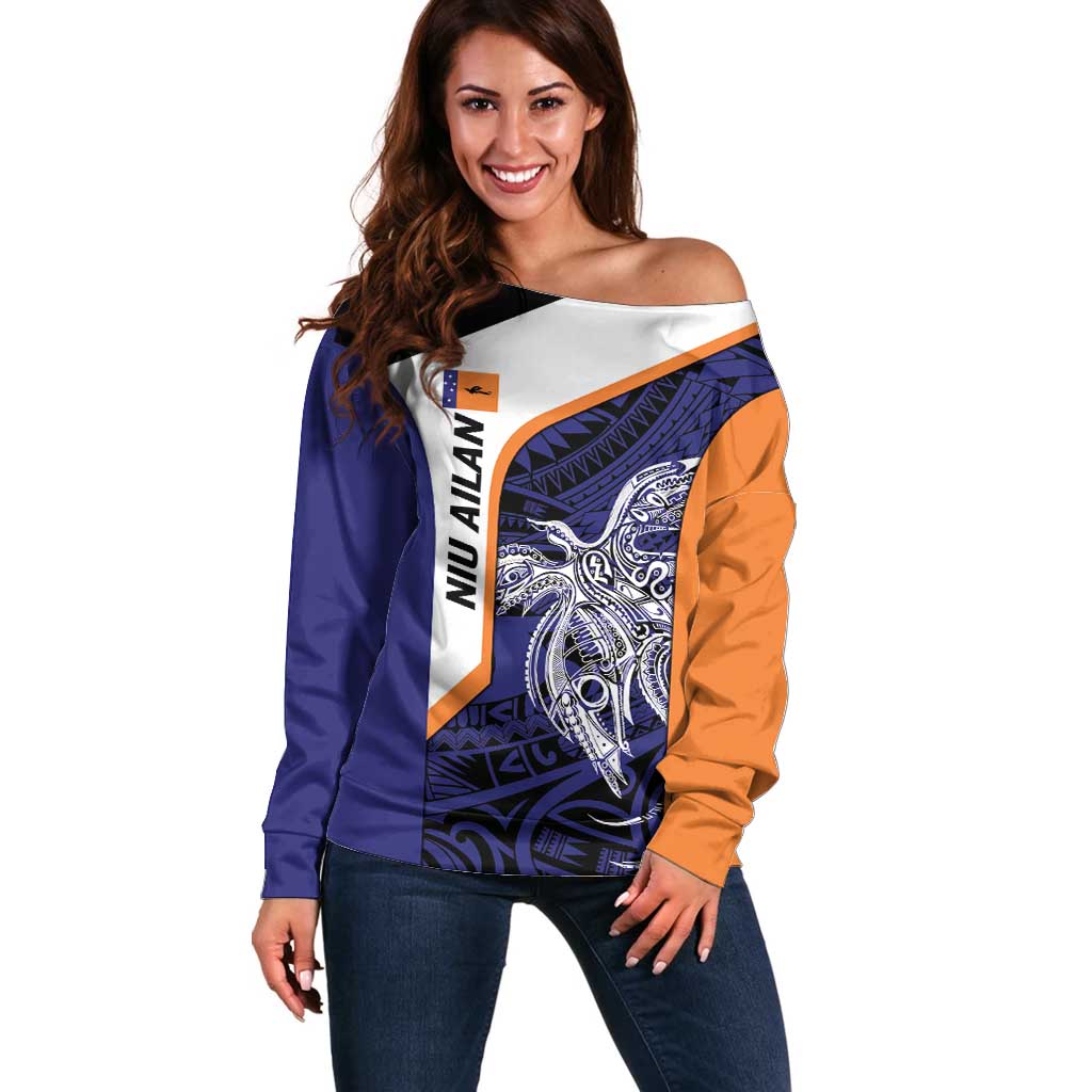 Personalised PNG New Ireland Off Shoulder Sweater Bird of Paradise Tattoo Flag Motif - Polynesian Pride