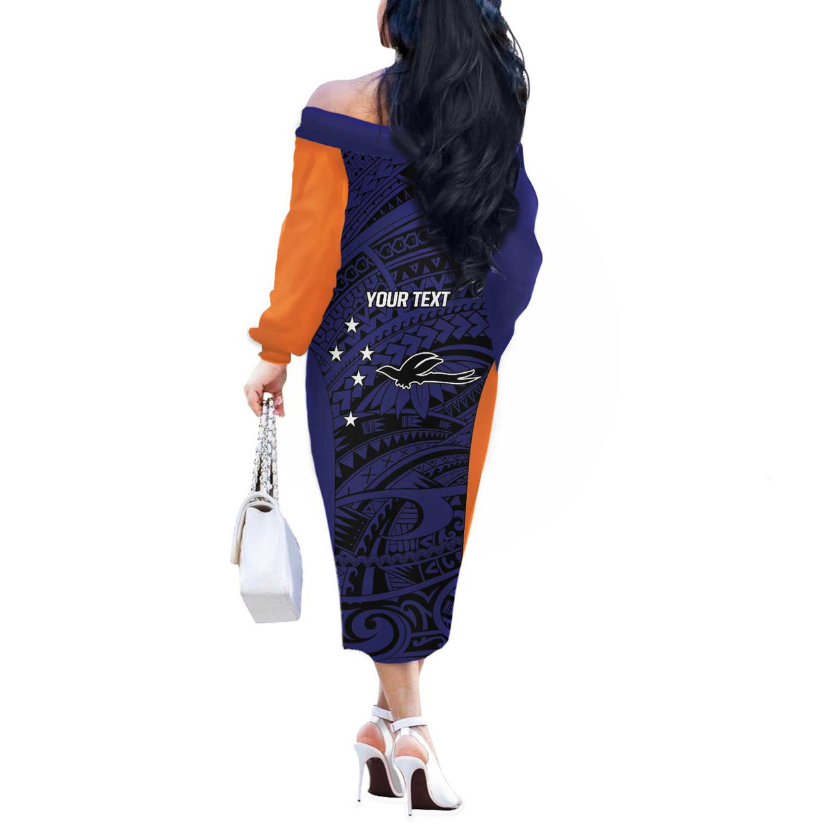 Personalised PNG New Ireland Off The Shoulder Long Sleeve Dress Bird of Paradise Tattoo Flag Motif LT9 - Polynesian Pride