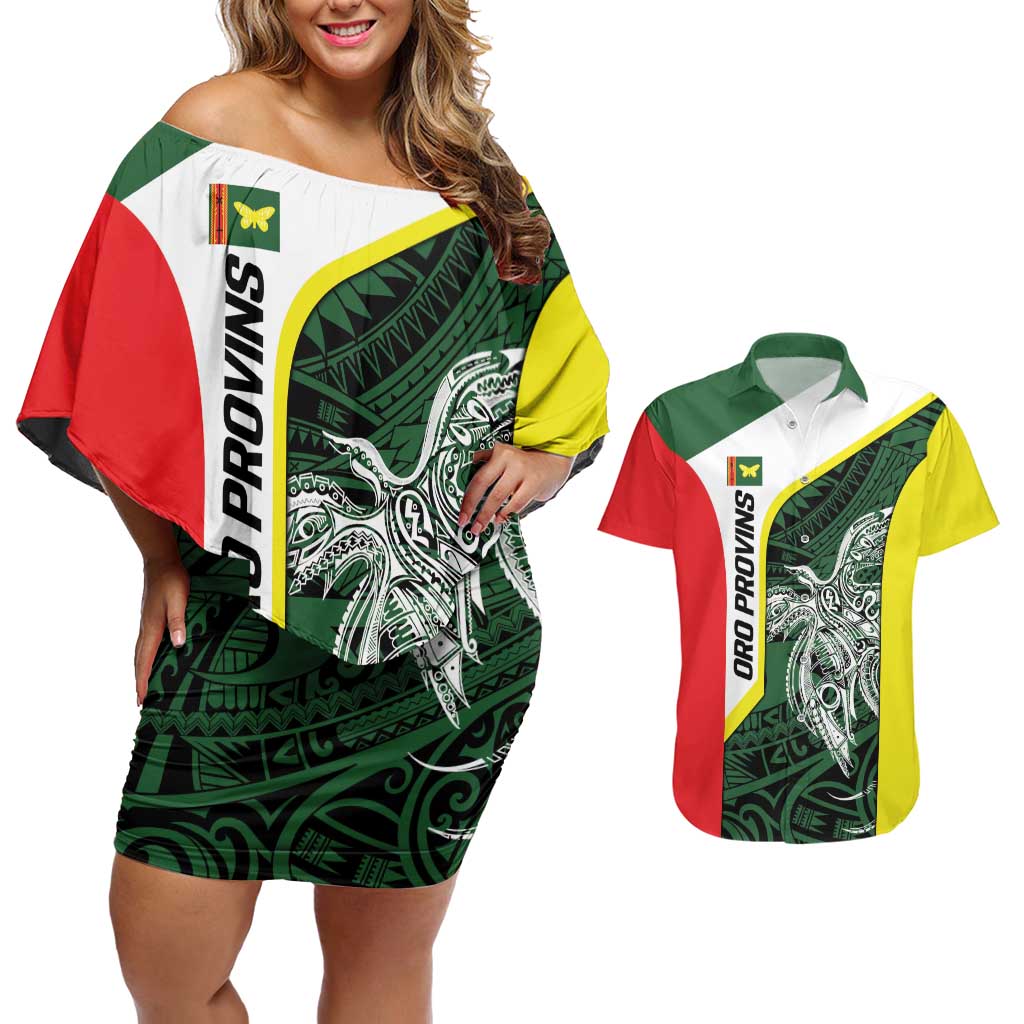 Personalised PNG Oro Province Couples Matching Off Shoulder Short Dress and Hawaiian Shirt Bird of Paradise Tattoo Flag Motif LT9 Green - Polynesian Pride