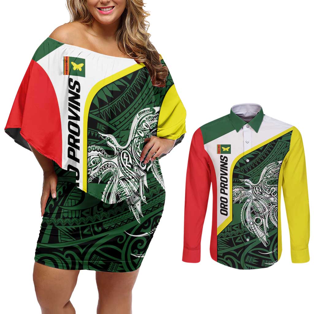 Personalised PNG Oro Province Couples Matching Off Shoulder Short Dress and Long Sleeve Button Shirt Bird of Paradise Tattoo Flag Motif LT9 Green - Polynesian Pride