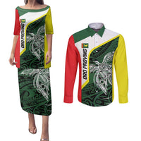 Personalised PNG Oro Province Couples Matching Puletasi and Long Sleeve Button Shirt Bird of Paradise Tattoo Flag Motif LT9 Green - Polynesian Pride