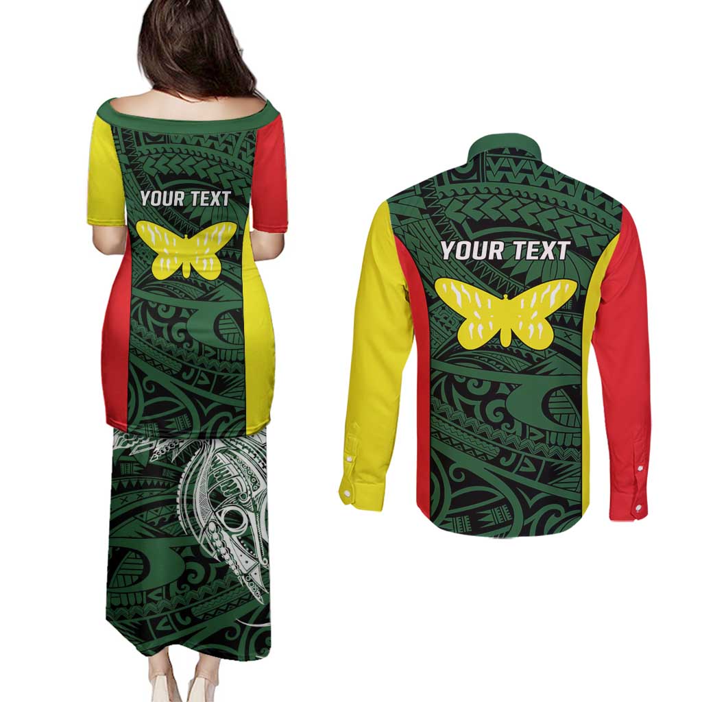 Personalised PNG Oro Province Couples Matching Puletasi and Long Sleeve Button Shirt Bird of Paradise Tattoo Flag Motif LT9 - Polynesian Pride