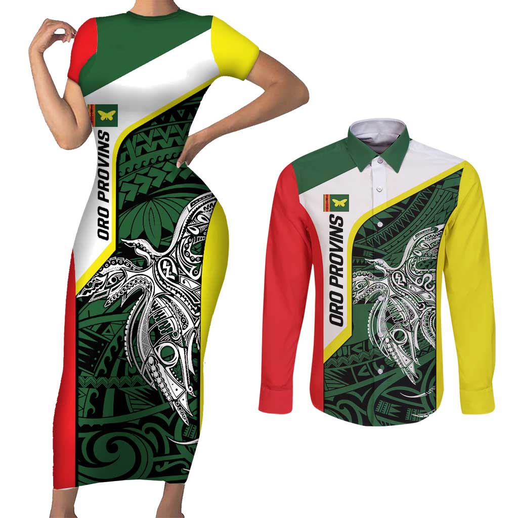 Personalised PNG Oro Province Couples Matching Short Sleeve Bodycon Dress and Long Sleeve Button Shirt Bird of Paradise Tattoo Flag Motif LT9 Green - Polynesian Pride