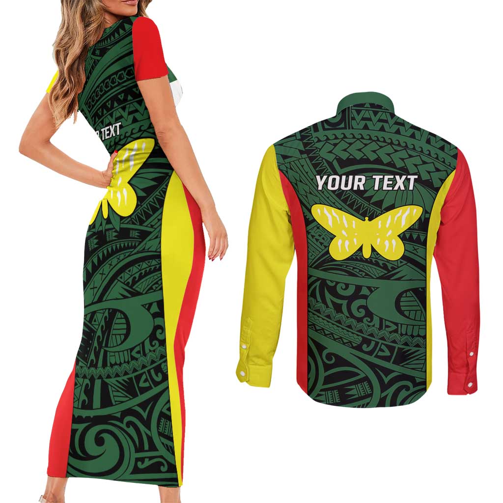 Personalised PNG Oro Province Couples Matching Short Sleeve Bodycon Dress and Long Sleeve Button Shirt Bird of Paradise Tattoo Flag Motif LT9 - Polynesian Pride