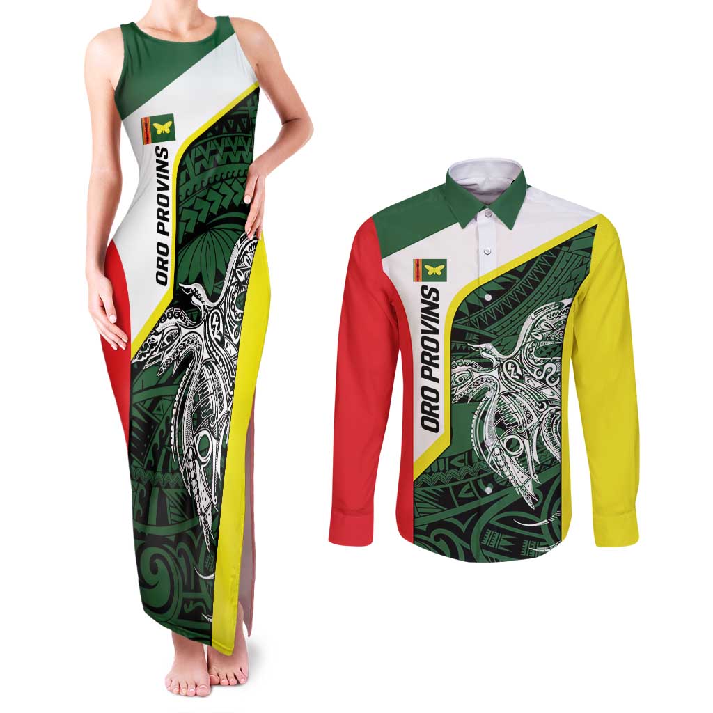 Personalised PNG Oro Province Couples Matching Tank Maxi Dress and Long Sleeve Button Shirt Bird of Paradise Tattoo Flag Motif LT9 Green - Polynesian Pride