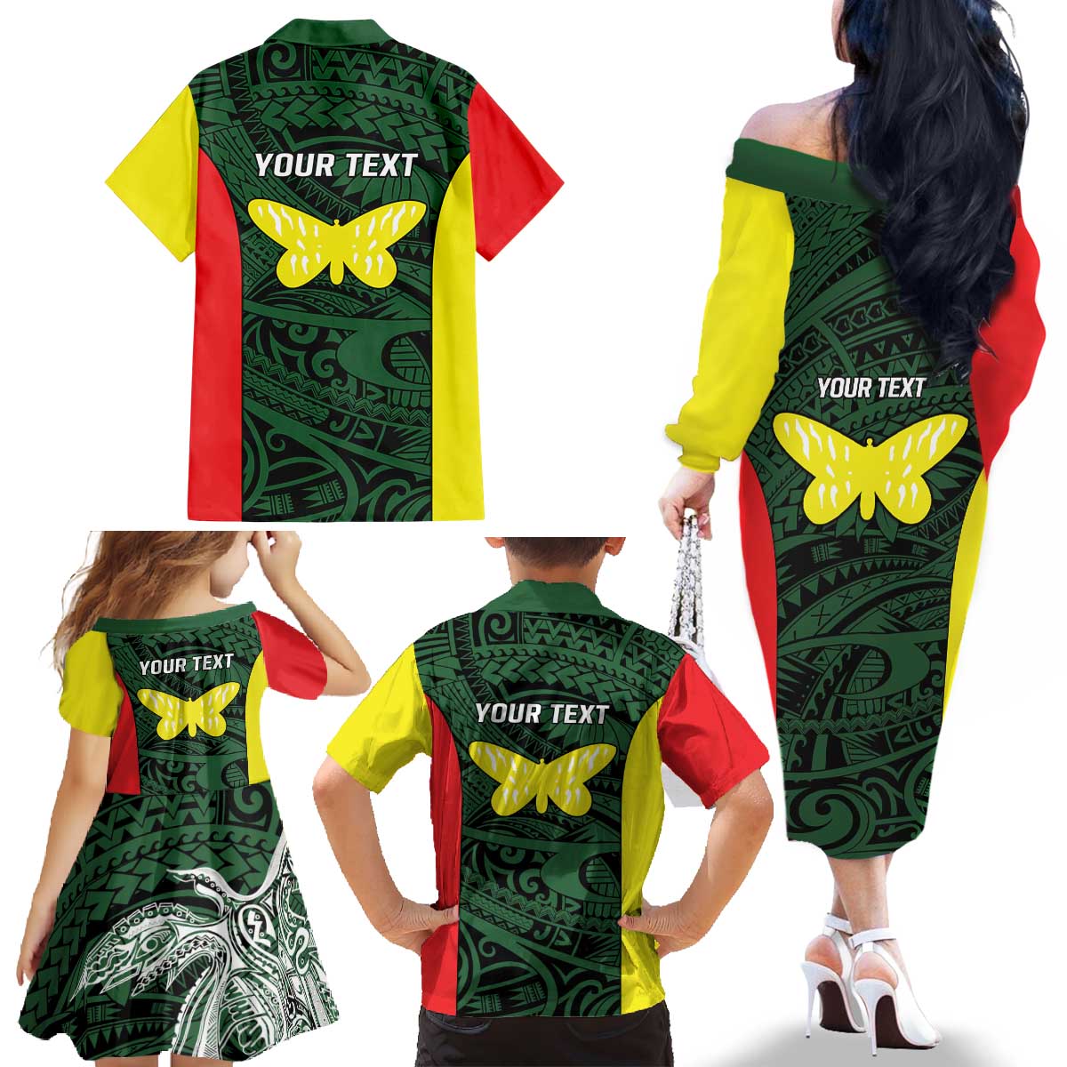 Personalised PNG Oro Province Family Matching Off The Shoulder Long Sleeve Dress and Hawaiian Shirt Bird of Paradise Tattoo Flag Motif LT9 - Polynesian Pride
