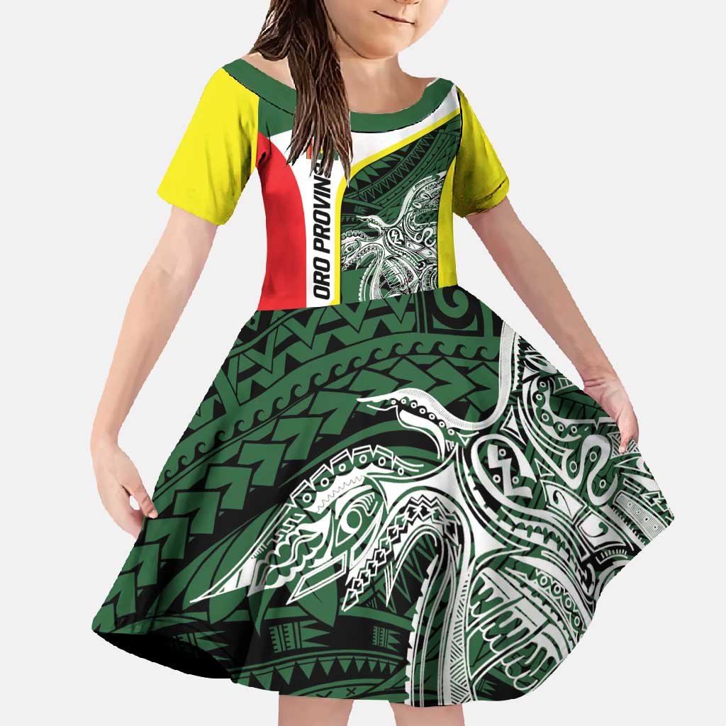 Personalised PNG Oro Province Family Matching Off Shoulder Maxi Dress and Hawaiian Shirt Bird of Paradise Tattoo Flag Motif LT9 Daughter's Dress Green - Polynesian Pride