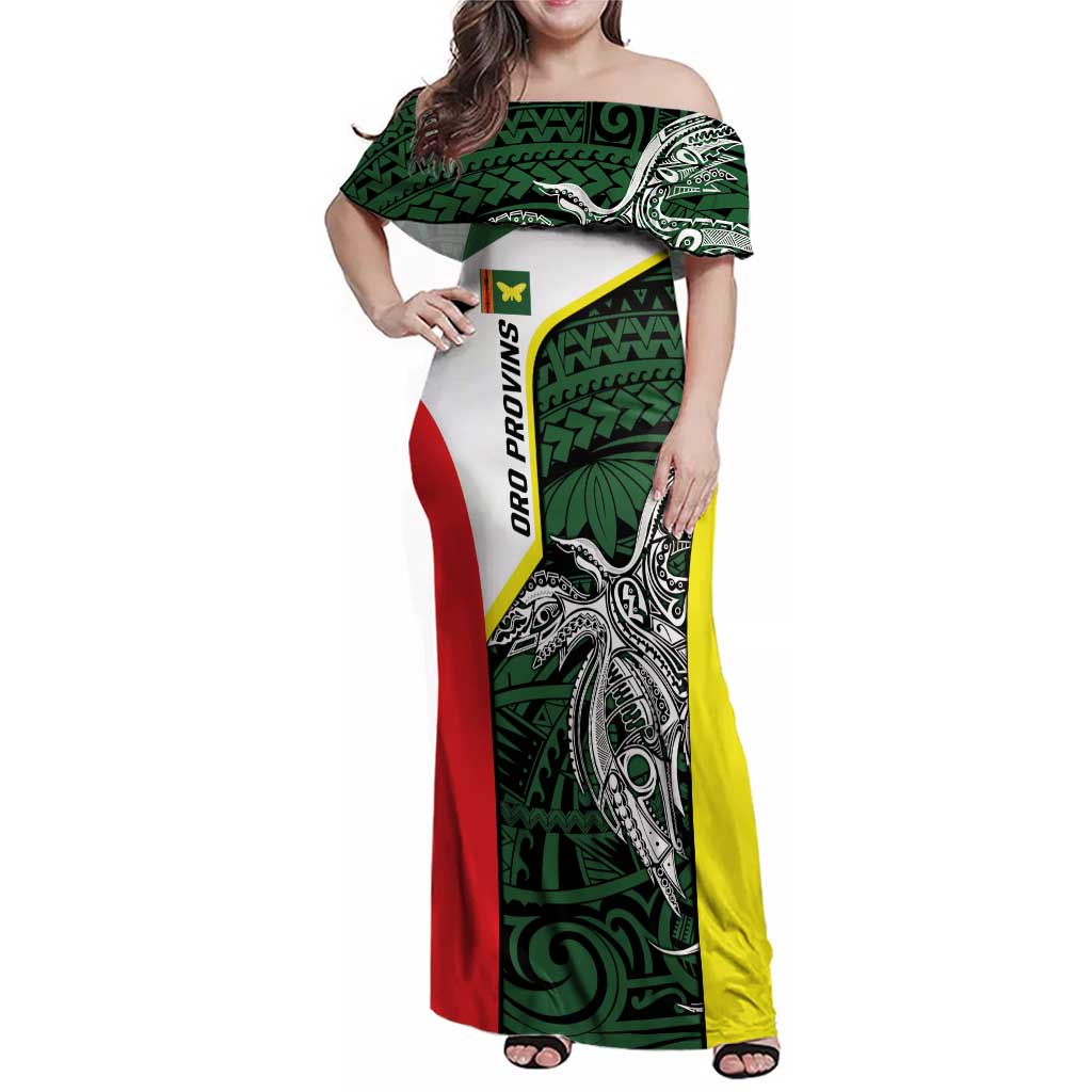 Personalised PNG Oro Province Family Matching Off Shoulder Maxi Dress and Hawaiian Shirt Bird of Paradise Tattoo Flag Motif LT9 Mom's Dress Green - Polynesian Pride