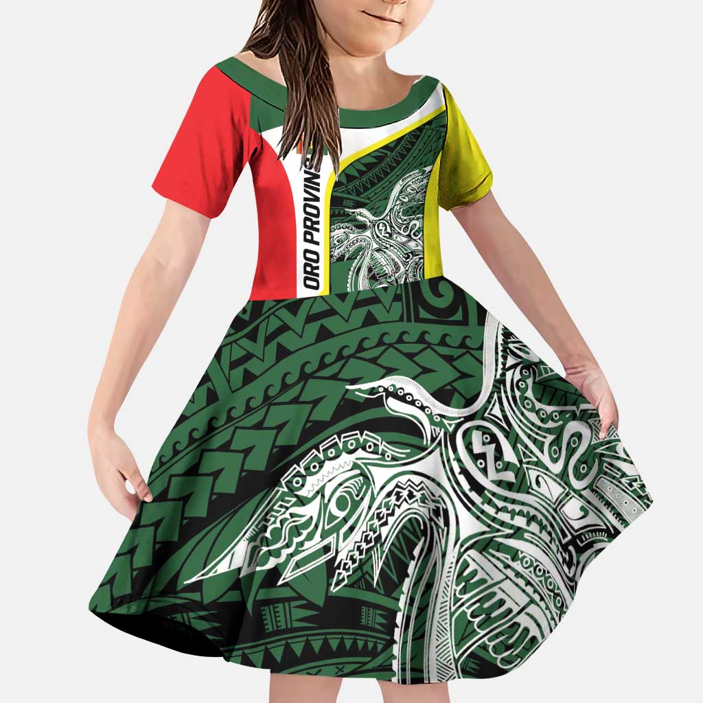 Personalised PNG Oro Province Family Matching Puletasi and Hawaiian Shirt Bird of Paradise Tattoo Flag Motif LT9 Daughter's Dress Green - Polynesian Pride