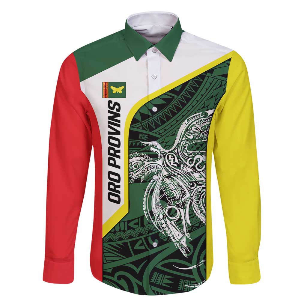 Personalised PNG Oro Province Family Matching Puletasi and Hawaiian Shirt Bird of Paradise Tattoo Flag Motif LT9 Dad's Shirt - Long Sleeve Green - Polynesian Pride