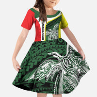Personalised PNG Oro Province Family Matching Short Sleeve Bodycon Dress and Hawaiian Shirt Bird of Paradise Tattoo Flag Motif LT9 Daughter's Dress Green - Polynesian Pride