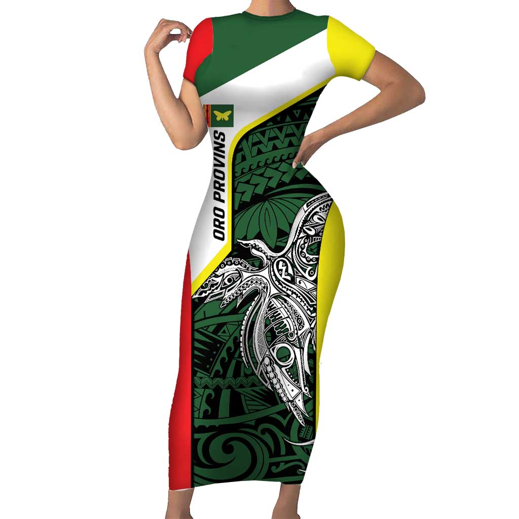 Personalised PNG Oro Province Family Matching Short Sleeve Bodycon Dress and Hawaiian Shirt Bird of Paradise Tattoo Flag Motif LT9 Mom's Dress Green - Polynesian Pride